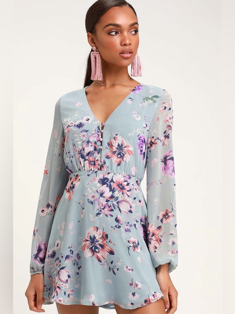 NEW Lulus Always Yours Light Blue Floral Print Long Sleeve Skater Dress Womens M